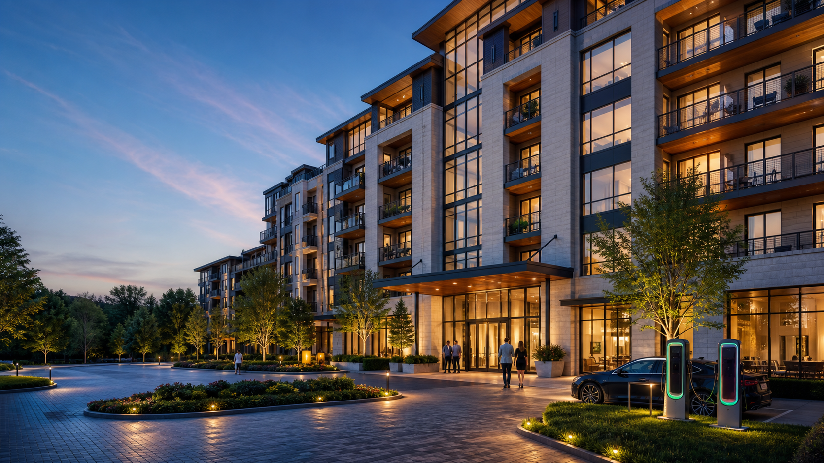 Contemporary luxury multifamily apartment community with an active arrival court and EV charging
